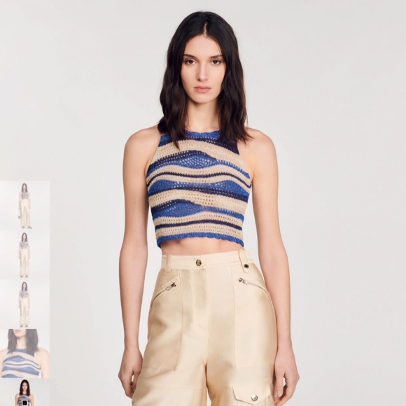 New With tags Sandro Octave Metallic Stripe Crochet Crop Tank Top FR 1/fits XS/S - Picture 8 of 11